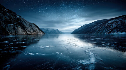 Naklejka premium Stunning Arctic landscape under a starry night sky with icy waters and towering cliffs