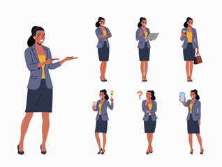 Business woman.Set Different poses.Vector flat style cartoon illustration