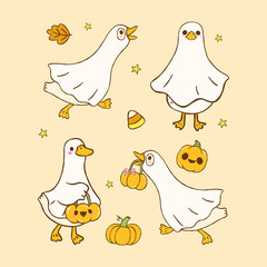 Cute Spooky Silly Goose Ghost Halloween Cartoon Hand Drawn Trick or Treat Set