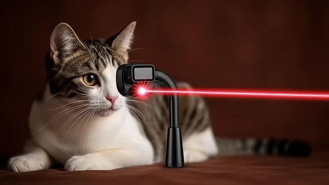 Curious Cat Stares Intently at Red Laser Pointer Beam.