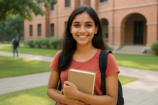female college student, female student with books, female college student with backpack, young indian Girl holding a book