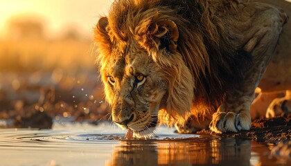 Majestic lion drinking at waterhole at sunset