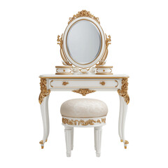 A beautifully crafted vanity, featuring ornate gold accents and a luxurious stool