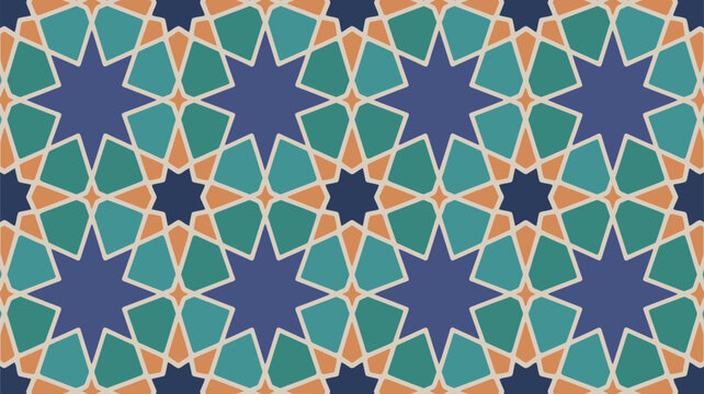 Geometric pattern with teal and orange shapes forming stars on a dark blue background design layout