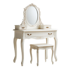 A classic, ornately designed vanity table and matching stool, a symbol of timeless elegance