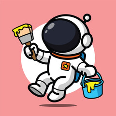 Cute Astronaut Painting with Brush Illustration for Space Cartoon Character and Creative Art Concept
