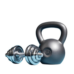 A dumbbell and a kettlebell rest against a plain background, showing strength. 