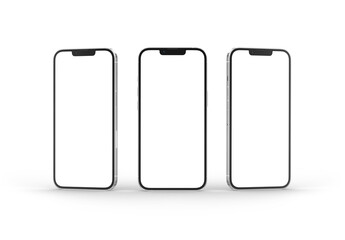 Three isolated mobile phones screens. Modern smartphone with shadows on white