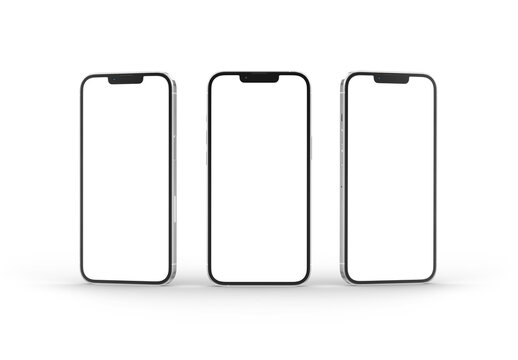 Three isolated mobile phones screens. Modern smartphone with shadows on white