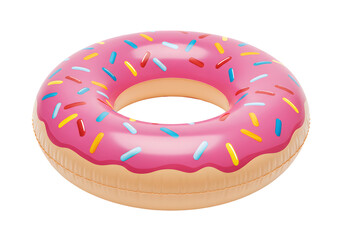 Delicious pink frosted donut float with colorful sprinkles, perfect for summer fun and playful pool parties