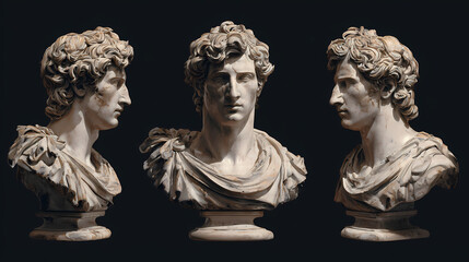Obraz premium Ancient marble bust of a man in three different perspectives. The sculpted figure showcases intricate details and classical artistry