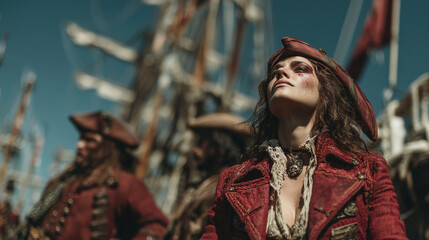 Daring pirate woman stands confidently on a bustling ship during the Golden Age of Piracy