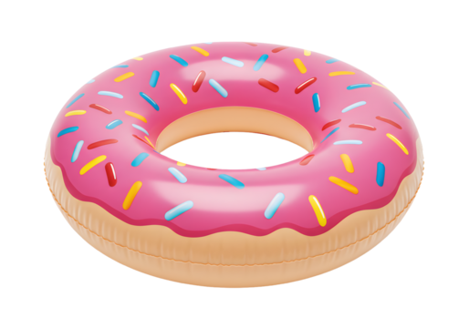 Delicious pink frosted donut float with colorful sprinkles, perfect for summer fun and playful pool parties