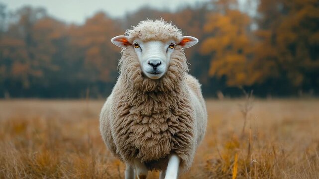 A Majestic Sheep Stands Serene in a Golden Autumn Field.
