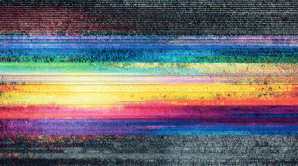 Abstract image of colorful stripes, evokes a sense of digital distortion and visual noise. The image consists of horizontal lines in a spectrum of vibrant hues