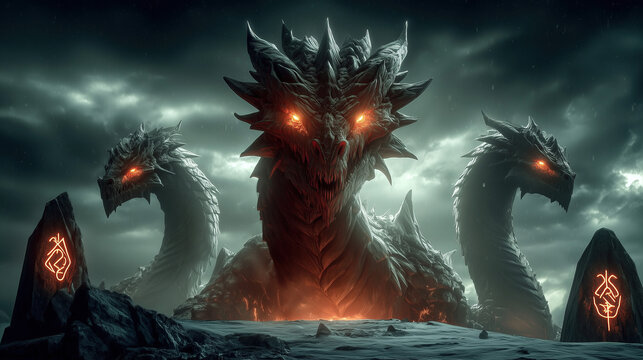 Zmey Gorynych, the legendary three-headed dragon of Slavic folklore rises from the mountains