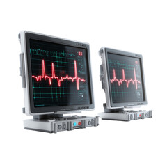 Advanced medical equipment, two heart rate monitors display vital signs and complex readouts, embodying the precision and technological innovation of modern healthcare.