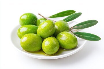 Castelvetrano Olives. Fresh Green Olives on White Plate, Isolated on White Background