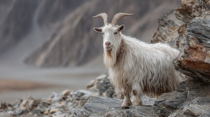Fototapeta premium Cashmere Goat Grazing on the Rocks in Nepal and Ladakh