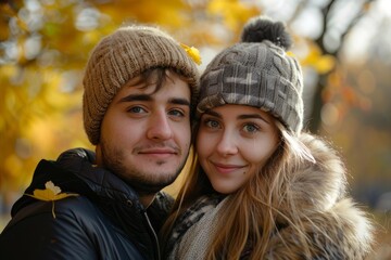 Fototapeta premium Young couple wearing knitted hats enjoying a beautiful autumn day outdoors in a park