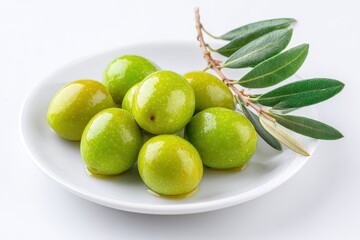 Castelvetrano Olives. Fresh Green Olives on White Plate, Isolated with Olive Oil Drizzle