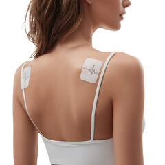 A close-up view shows a woman with delicate, bare shoulders adorned with health monitoring pads, highlighting technological innovation and personal well-being.