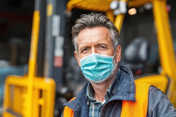 Caucasian mature man forklift driver wearing protective mask at industrial factory