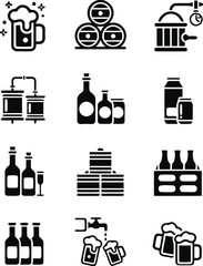 beer, mug, foam, bubbles, keg, barrel, brewery, still, distillation, equipment, bottle, jar, can, beverage, drink, wine, glass, six pack, carrier, tap, pouring, collection, icon, symbol, graphic, illu