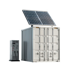 Capturing a glimpse of innovative energy, the scene showcases a solar panel mounted atop a compact shipping container, next to an energy management unit