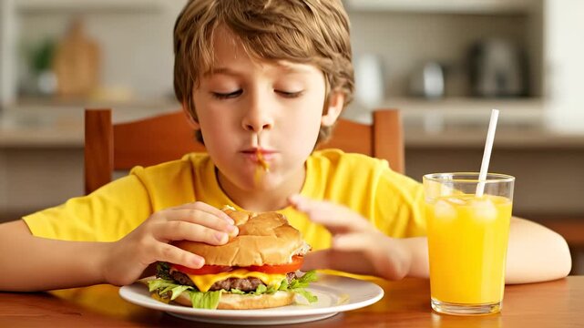 A boy in a yellow shirt sits at the table holding a burger, as the boy eagerly faces the burger on the plate. Next to the boy is a glass of orange juice on the table.
