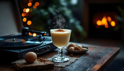 Obraz premium A high-resolution photo of a classic eggnog cocktail in a clear glass, with a dash of nutmeg on top