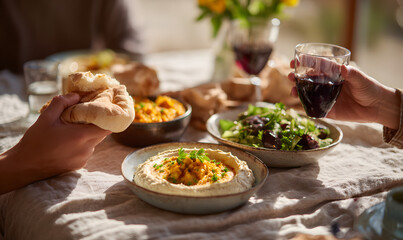 
Hummus with olive oil, paprika, and parsley, served in a cast-iron pan alongside shakshuka, eggplant salad in small bowls, and tahini.