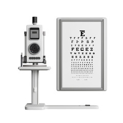 A detailed view of essential ophthalmic instruments, highlighting the precision of an eye chart and vision testing apparatus. 