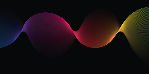 Black background with colorful abstract waves. Minimalist geometric colorful light background abstract design.