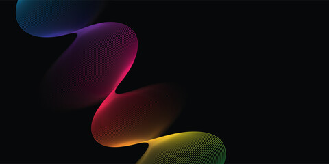 Black background with colorful abstract waves. Minimalist geometric colorful light background abstract design.