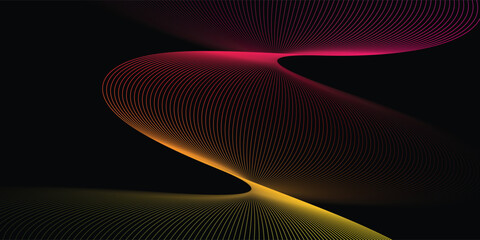 Black background with colorful abstract waves. Minimalist geometric colorful light background abstract design.