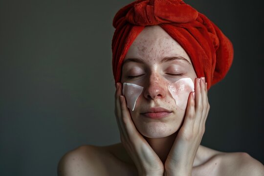 Caucasian woman with acne and red towel on head applying cosmetic patches under her closed eyes
