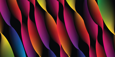 Black background with colorful abstract waves. Minimalist geometric colorful light background abstract design.