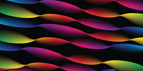 Black background with colorful abstract waves. Minimalist geometric colorful light background abstract design.