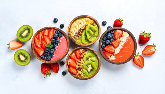 A vibrant flat lay of colorful smoothie bowls with fresh strawberries, kiwi, and blueberries. This healthy, vegan breakfast assortment is perfect for wellness concepts.