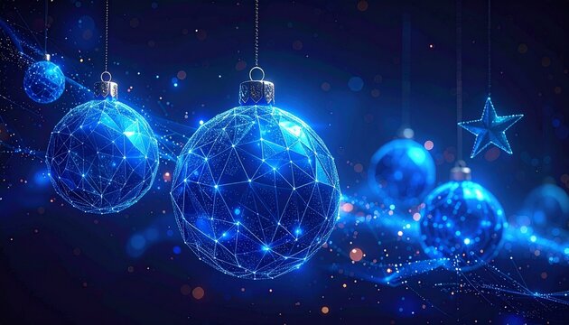 Futuristic blue Christmas ornaments with a glowing digital network, symbolizing the connection and technology of the modern holiday season