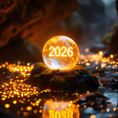 2026 Crystal Ball in Dark Cave with Water Reflection