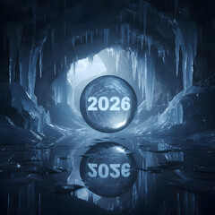 2026 Crystal Ball in Dark Cave with Water Reflection