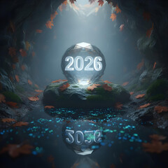 2026 Crystal Ball in Dark Cave with Water Reflection