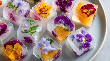 Colorful Floral Ice Cubes for Refreshing Drinks at a Summer Gathering Generative AI