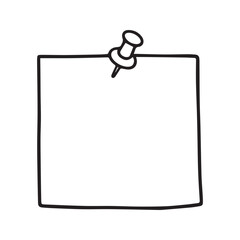 Hand-drawn blank note paper with a pushpin. Doodle sketch of an empty memo or reminder sticker. Vector illustration isolated on white background for messages.