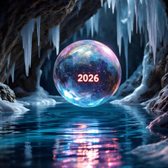 2026 Crystal Ball in Dark Cave with Water Reflection