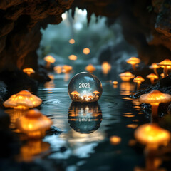 2026 Crystal Ball in Dark Cave with Water Reflection