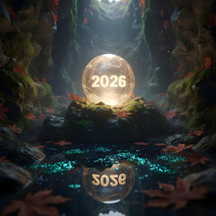 2026 Crystal Ball in Dark Cave with Water Reflection