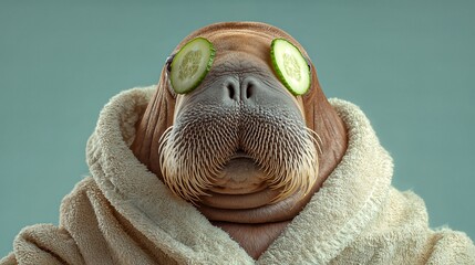 Walrus Relaxing With Cucumber Slices on Eyes Wrapped in a Cozy Towel Generative AI